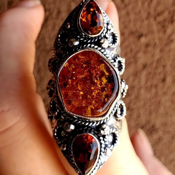New Baltic Amber & Citrine 925 Silver Statement Ring. - Picture 3 of 13